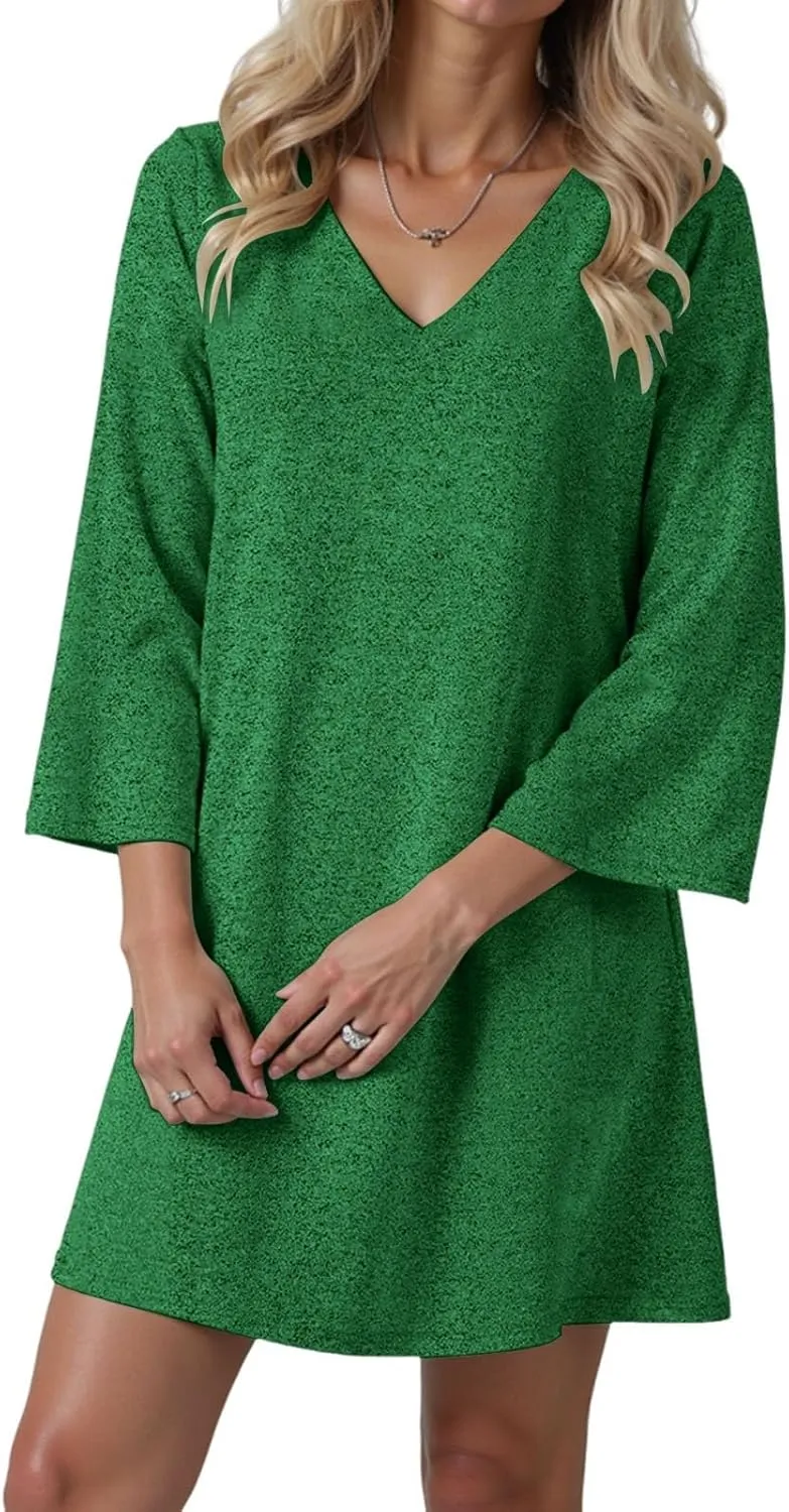 Womens Tunic Dress Long Sleeve V Neck Casual Loose Flowy Swing Shift Dresses Summer Casual Vacation Beach Sundress