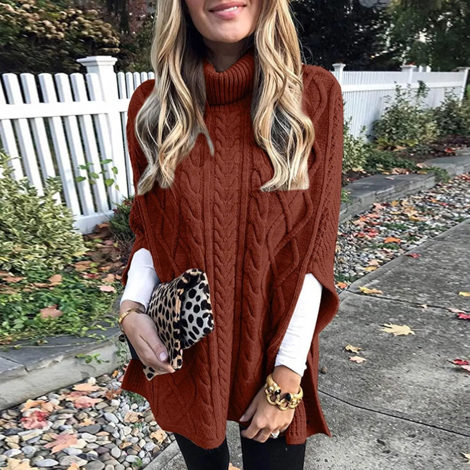 Women's Turtleneck Cable Knit Sweater High Neck Balloon Short Sleeve Side Splite Chunky Pullovers Fashion Jumper Tops