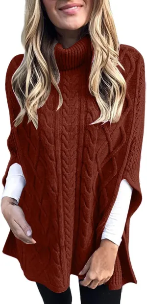 Women's Turtleneck Cable Knit Sweater High Neck Balloon Short Sleeve Side Splite Chunky Pullovers Fashion Jumper Tops