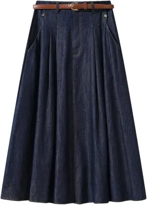 Women's Vintage Denim Midi Skirts High Waist A-Line Plain Pleated Thin Skirts