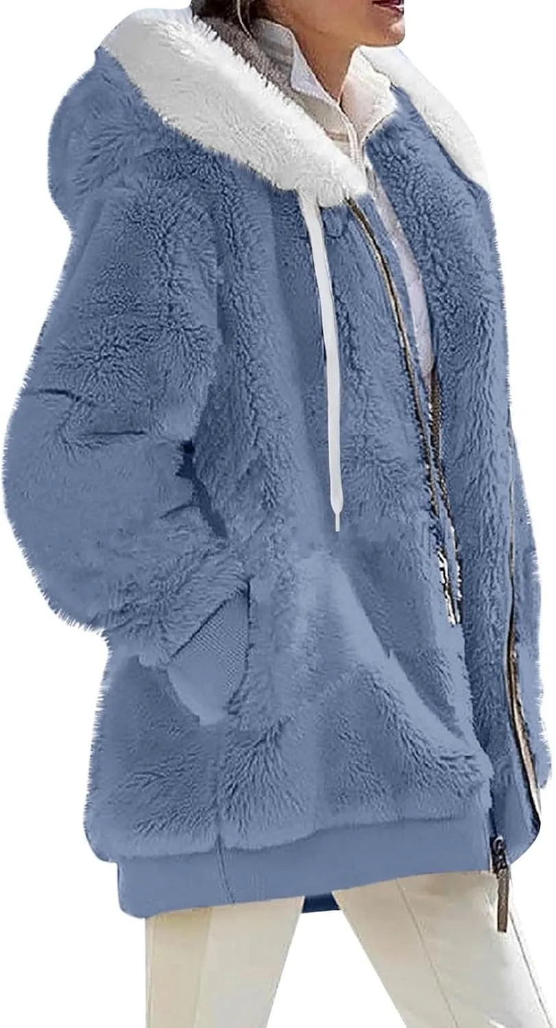 Women's Winter Coats Flannel Jacket Plus Size Hoodies Fleece Lined Jacket Zip Up Fur Cardigan Fleece Jackets for Women