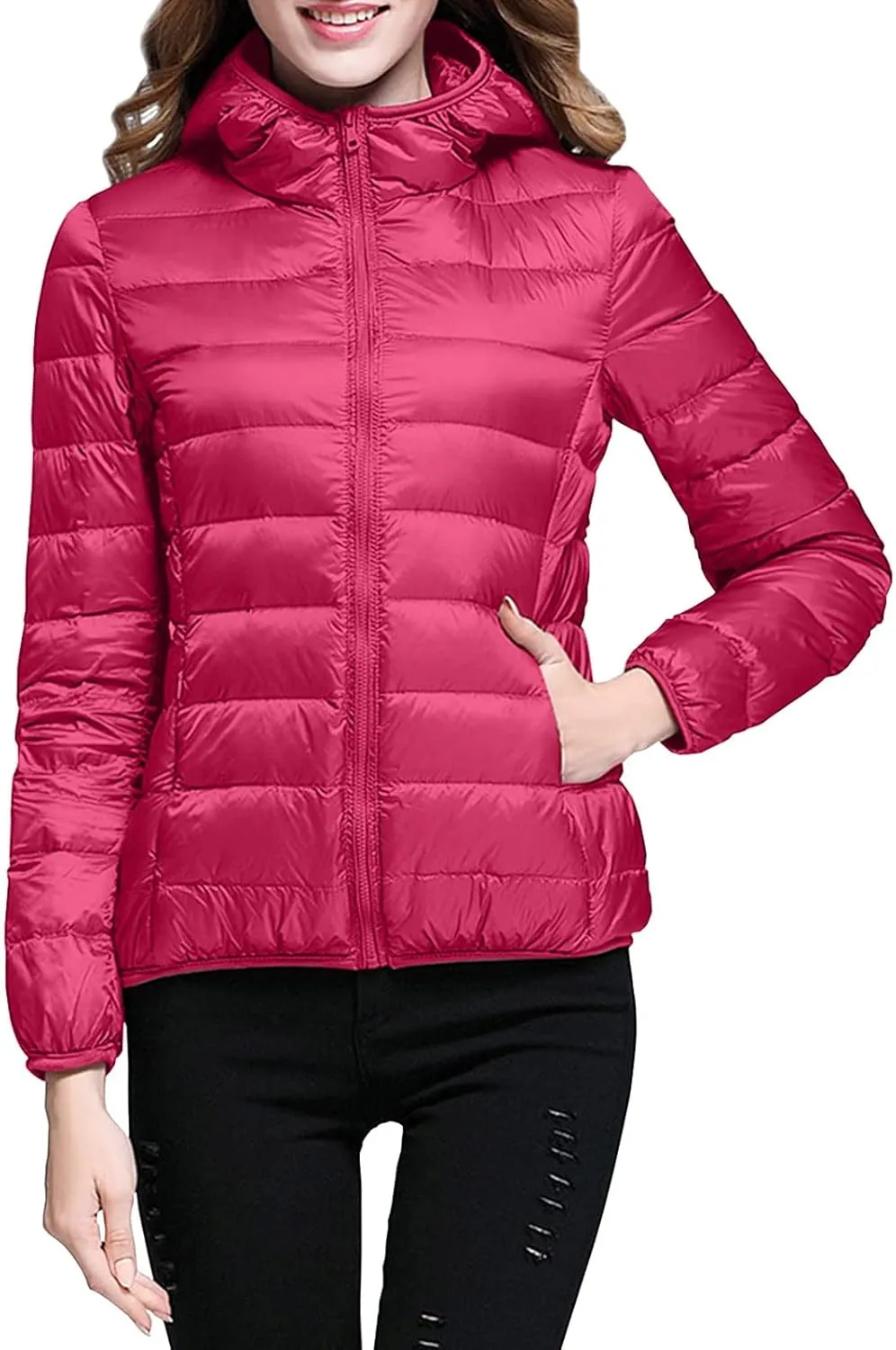 Womens Winter Cropped Jackets Packable Lightweight Solid Color Casual Puffer Jacket Warm Zip Up Hooded Quilted Down Jacket