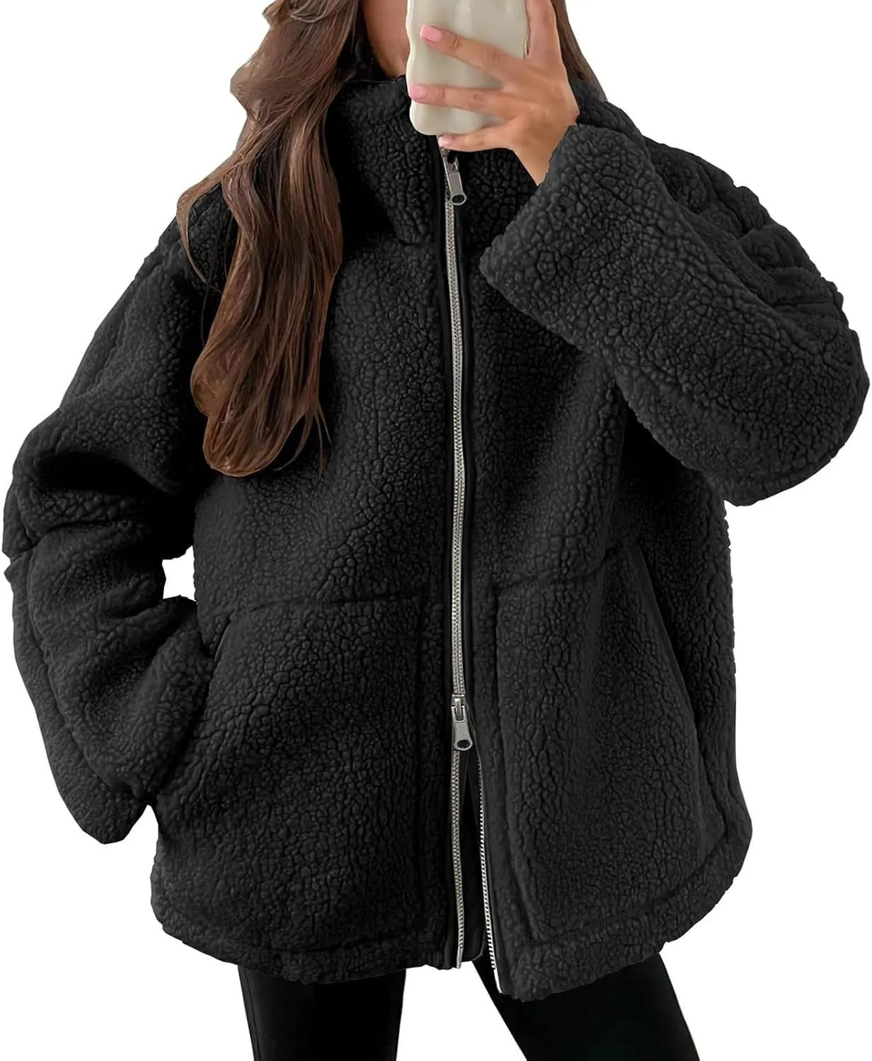Womens Zip Up Fleece Jacket Winter Warm Coat Long Sleeve Fuzzy Jacket Faux Sherpa Jacket Casual Jacket with Pockets