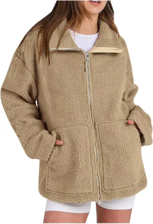 Womens Zip Up Fleece Jacket Winter Warm Coat Long Sleeve Fuzzy Jacket Faux Sherpa Jacket Casual Jacket with Pockets
