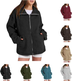 Womens Zip Up Fleece Jacket Winter Warm Coat Long Sleeve Fuzzy Jacket Faux Sherpa Jacket Casual Jacket with Pockets