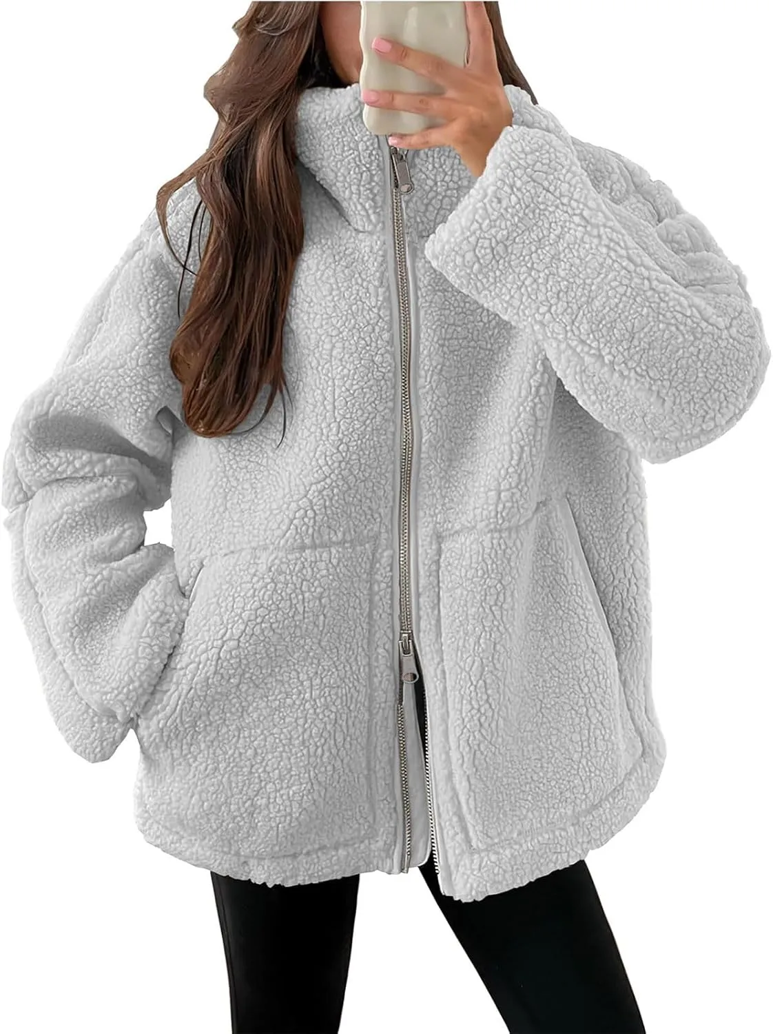 Womens Zip Up Fleece Jacket Winter Warm Coat Long Sleeve Fuzzy Jacket Faux Sherpa Jacket Casual Jacket with Pockets