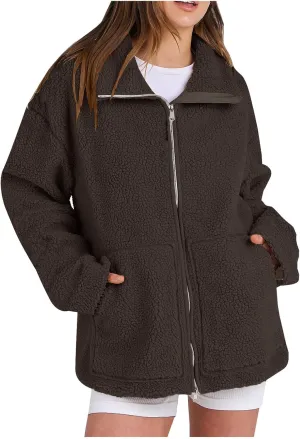 Womens Zip Up Fleece Jacket Winter Warm Coat Long Sleeve Fuzzy Jacket Faux Sherpa Jacket Casual Jacket with Pockets