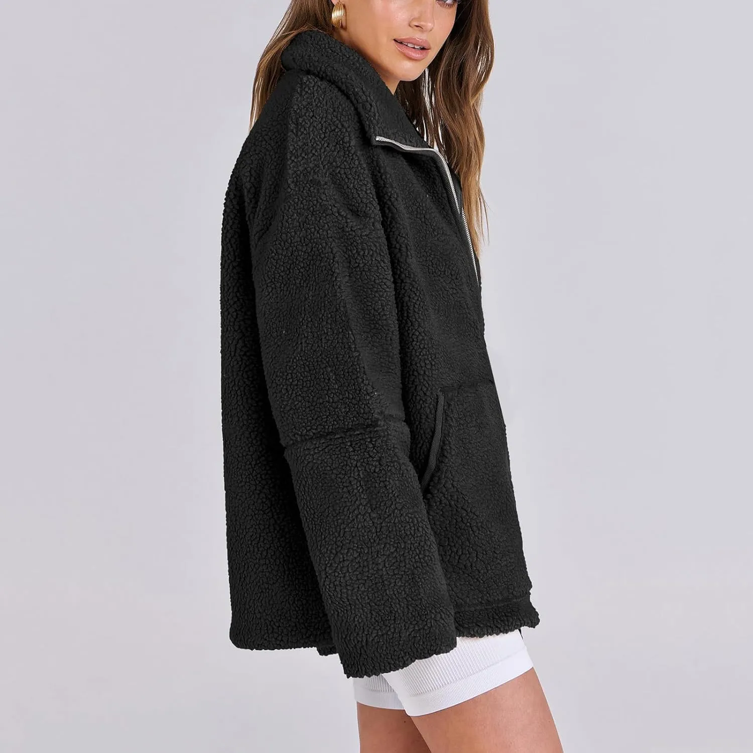 Womens Zip Up Fleece Jacket Winter Warm Coat Long Sleeve Fuzzy Jacket Faux Sherpa Jacket Casual Jacket with Pockets