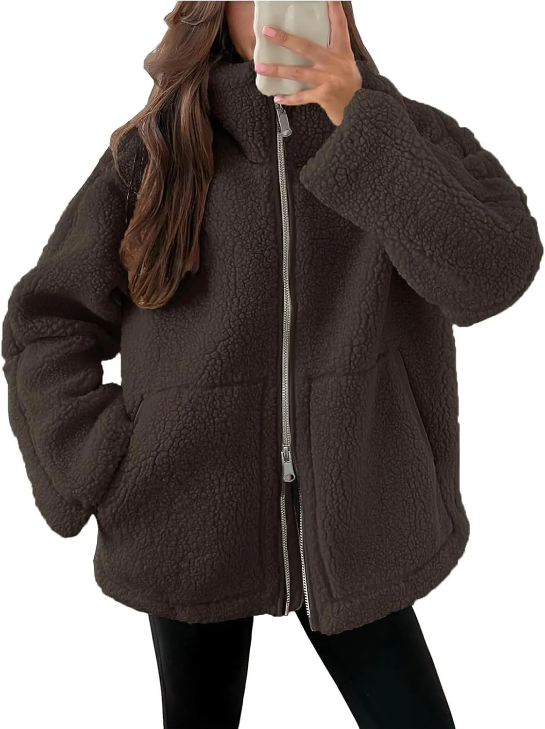Womens Zip Up Fleece Jacket Winter Warm Coat Long Sleeve Fuzzy Jacket Faux Sherpa Jacket Casual Jacket with Pockets
