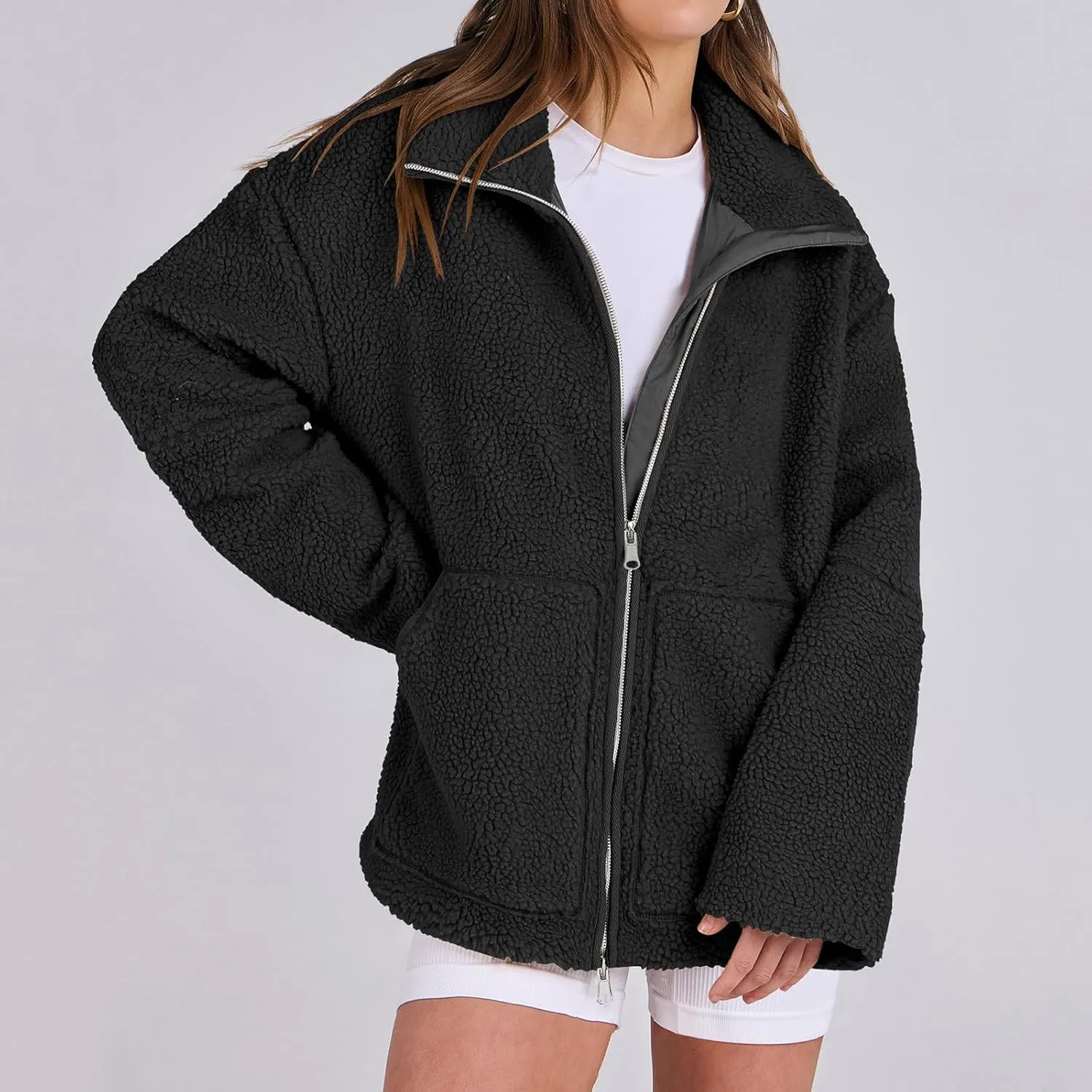 Womens Zip Up Fleece Jacket Winter Warm Coat Long Sleeve Fuzzy Jacket Faux Sherpa Jacket Casual Jacket with Pockets