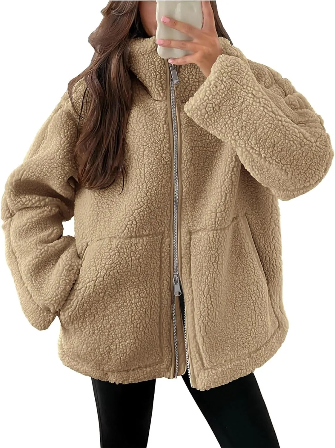 Womens Zip Up Fleece Jacket Winter Warm Coat Long Sleeve Fuzzy Jacket Faux Sherpa Jacket Casual Jacket with Pockets