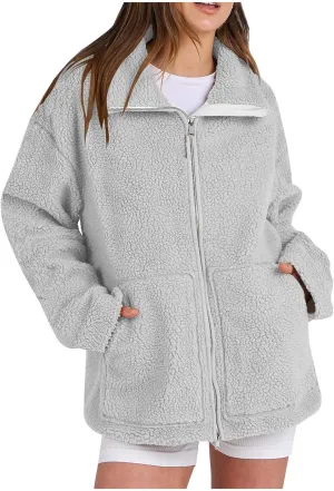 Womens Zip Up Fleece Jacket Winter Warm Coat Long Sleeve Fuzzy Jacket Faux Sherpa Jacket Casual Jacket with Pockets