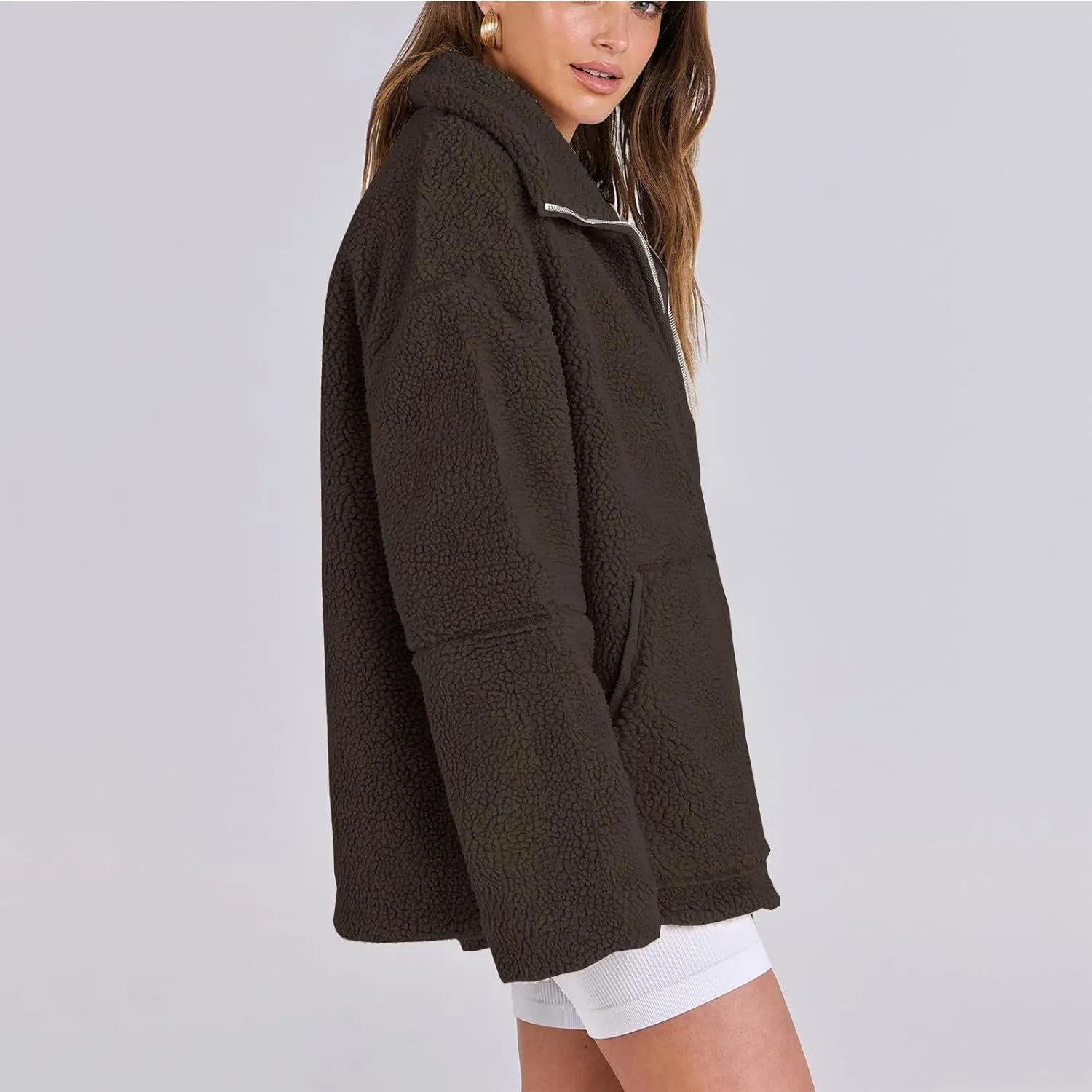 Womens Zip Up Fleece Jacket Winter Warm Coat Long Sleeve Fuzzy Jacket Faux Sherpa Jacket Casual Jacket with Pockets