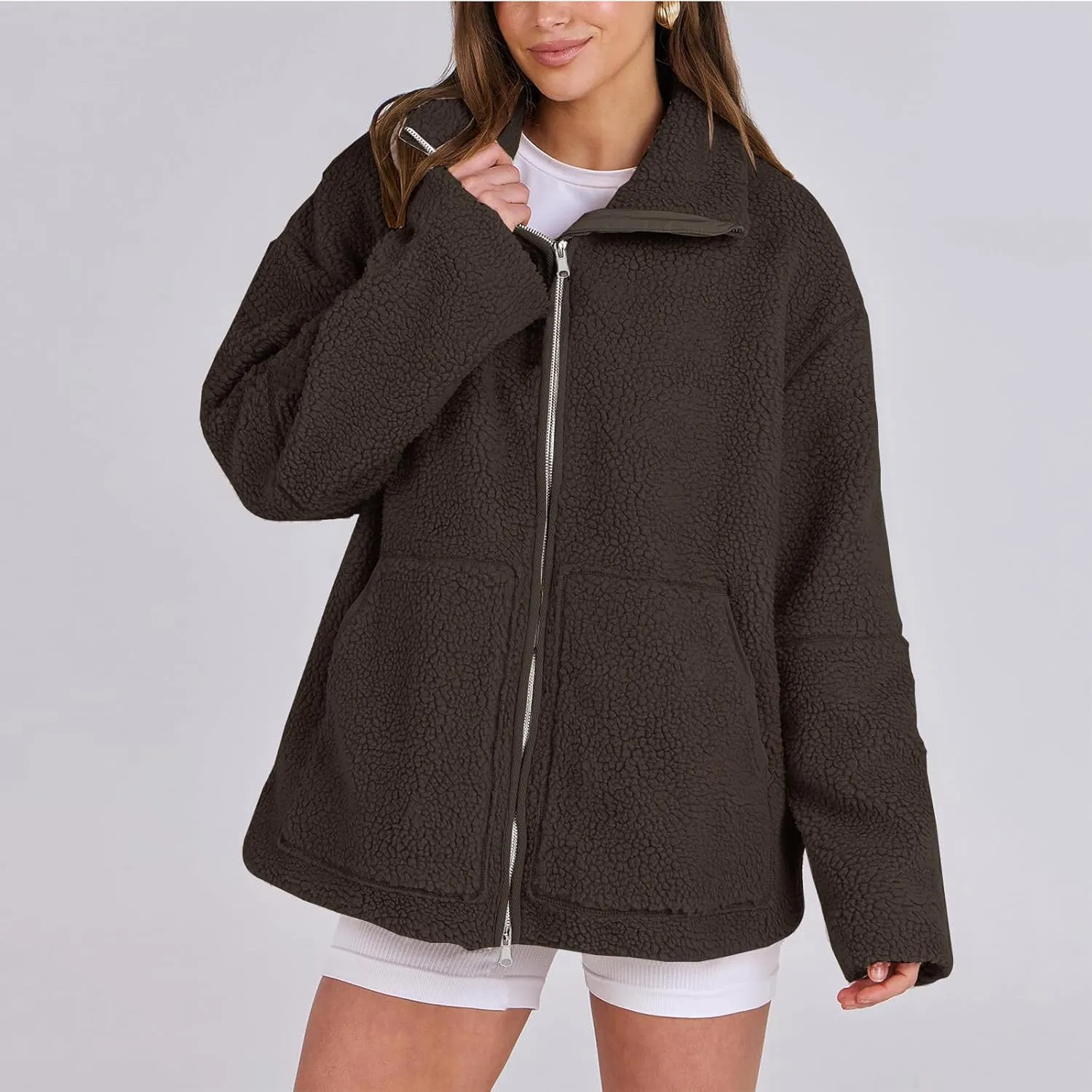 Womens Zip Up Fleece Jacket Winter Warm Coat Long Sleeve Fuzzy Jacket Faux Sherpa Jacket Casual Jacket with Pockets