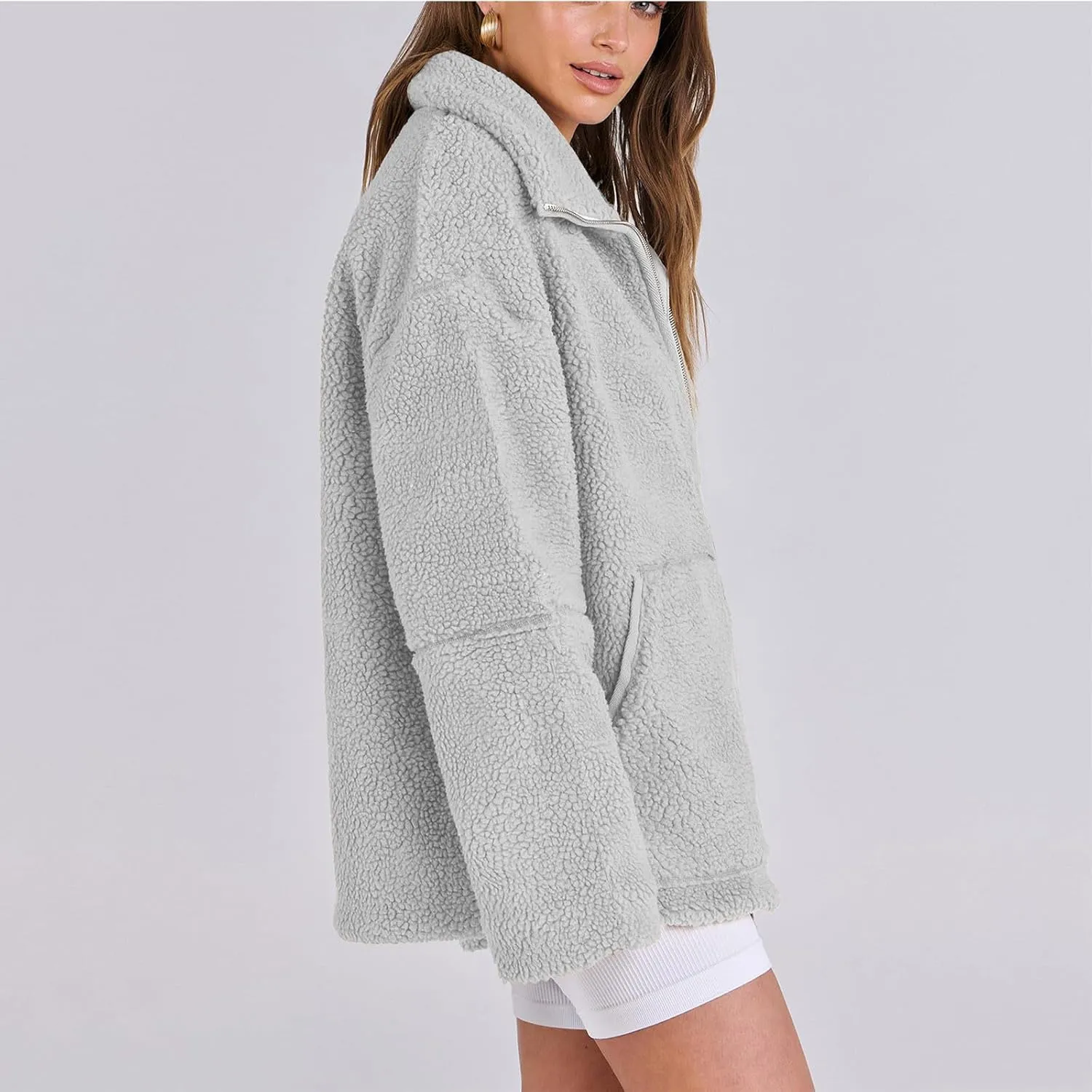 Womens Zip Up Fleece Jacket Winter Warm Coat Long Sleeve Fuzzy Jacket Faux Sherpa Jacket Casual Jacket with Pockets