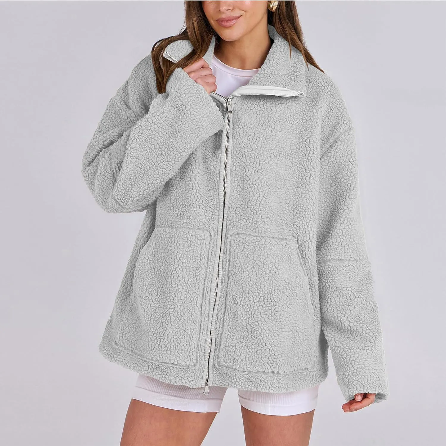 Womens Zip Up Fleece Jacket Winter Warm Coat Long Sleeve Fuzzy Jacket Faux Sherpa Jacket Casual Jacket with Pockets