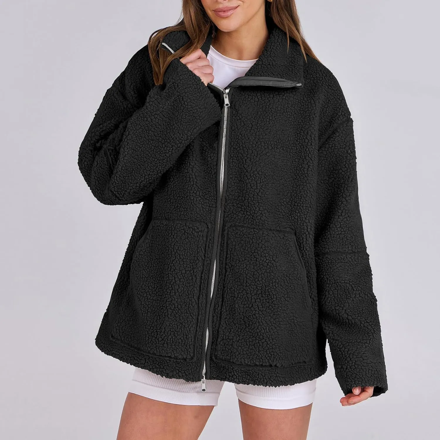 Womens Zip Up Fleece Jacket Winter Warm Coat Long Sleeve Fuzzy Jacket Faux Sherpa Jacket Casual Jacket with Pockets