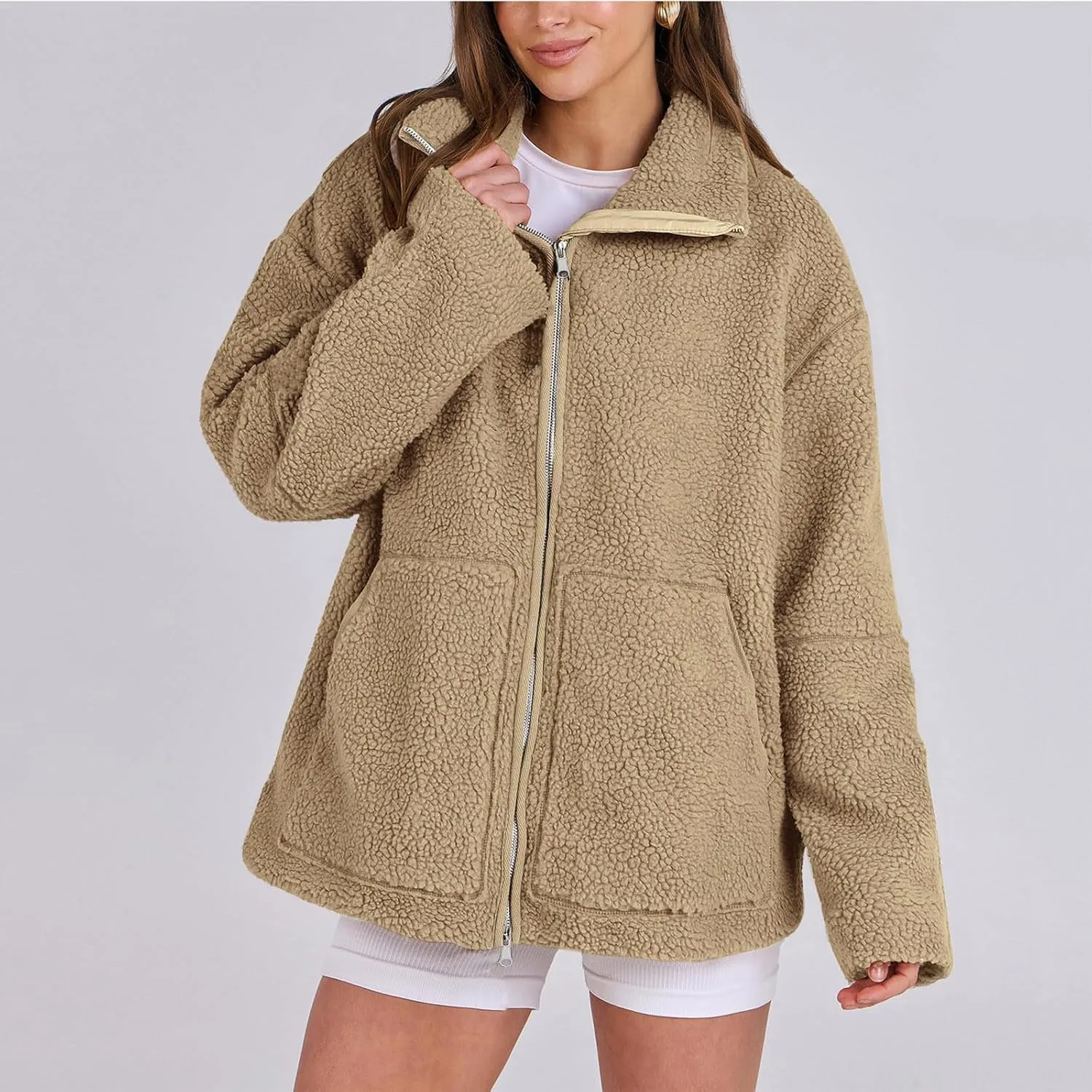 Womens Zip Up Fleece Jacket Winter Warm Coat Long Sleeve Fuzzy Jacket Faux Sherpa Jacket Casual Jacket with Pockets
