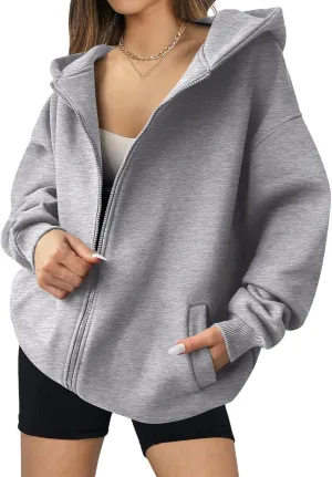 Womens Zip Up Hoodies Oversized Casual Long Sleeve Jackets Soild Color Jacket Fall Hoodie with Pockets