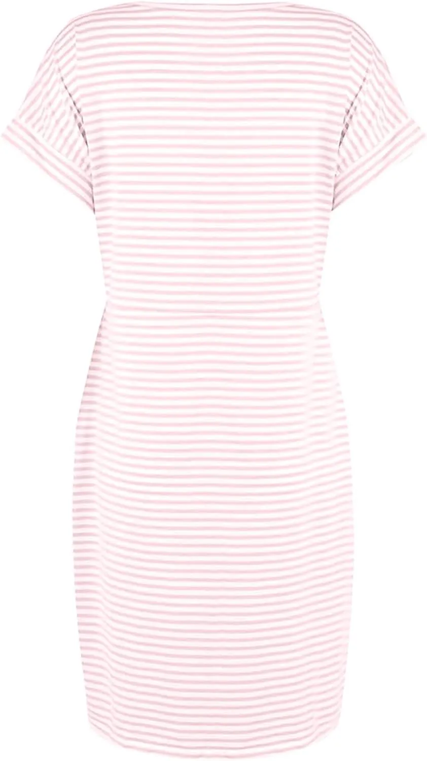 XOWRTE 2025 Womens Summer Vacation Tshirt Dresses Short Sleeve Casual Tie Waist Striped Crewneck Trendy Resort Wear Dress