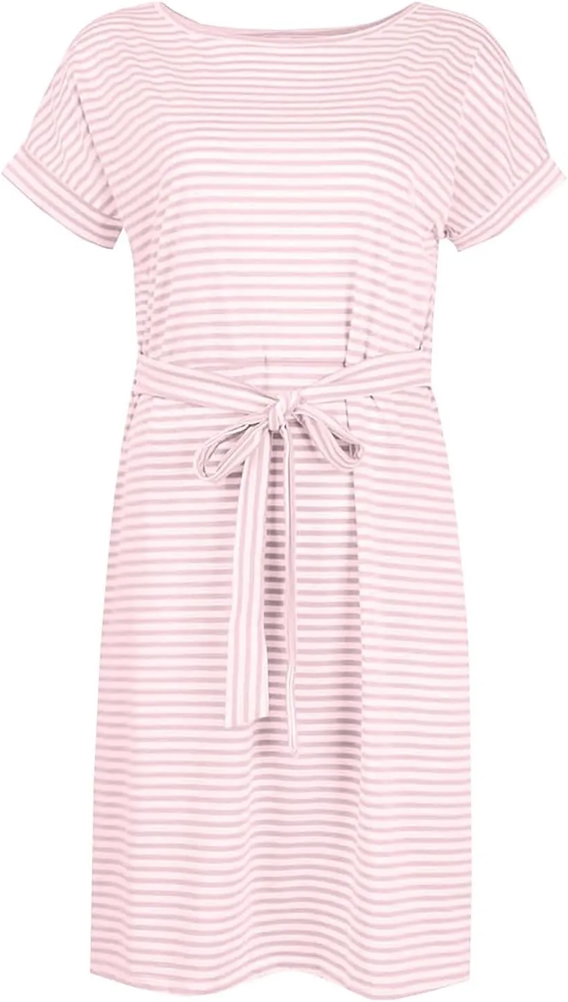 XOWRTE 2025 Womens Summer Vacation Tshirt Dresses Short Sleeve Casual Tie Waist Striped Crewneck Trendy Resort Wear Dress