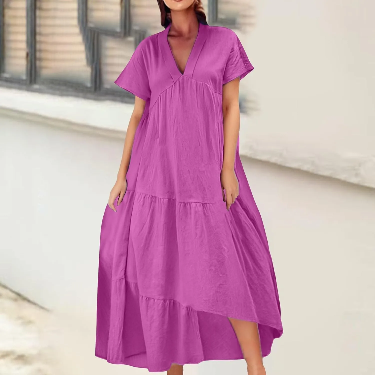 XOWRTE Women Short Sleeve Summer Dress Down V Neck Ruffle Tiered Maxi Dresses Knee Length Summer Dresses