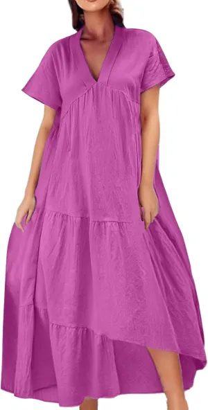 XOWRTE Women Short Sleeve Summer Dress Down V Neck Ruffle Tiered Maxi Dresses Knee Length Summer Dresses