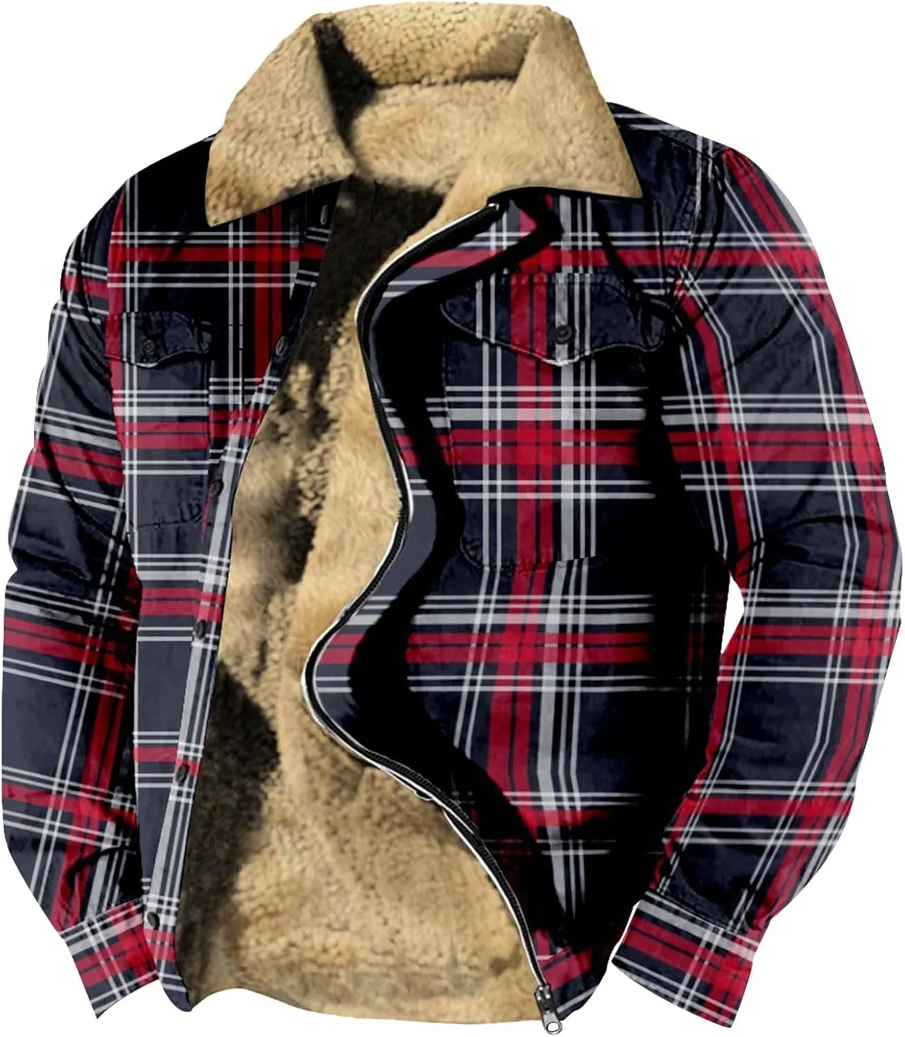 Ymosrh Men's Fashion Jacket Plaid Sherpa Lined Fleece Turn-Down Collar Trucker Jackets Warm Winter Coats Jacket, M-5XL