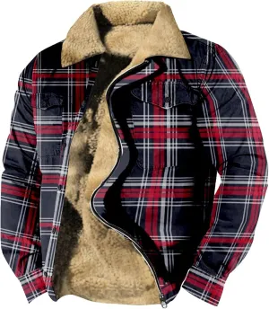 Ymosrh Men's Fashion Jacket Plaid Sherpa Lined Fleece Turn-Down Collar Trucker Jackets Warm Winter Coats Jacket, M-5XL