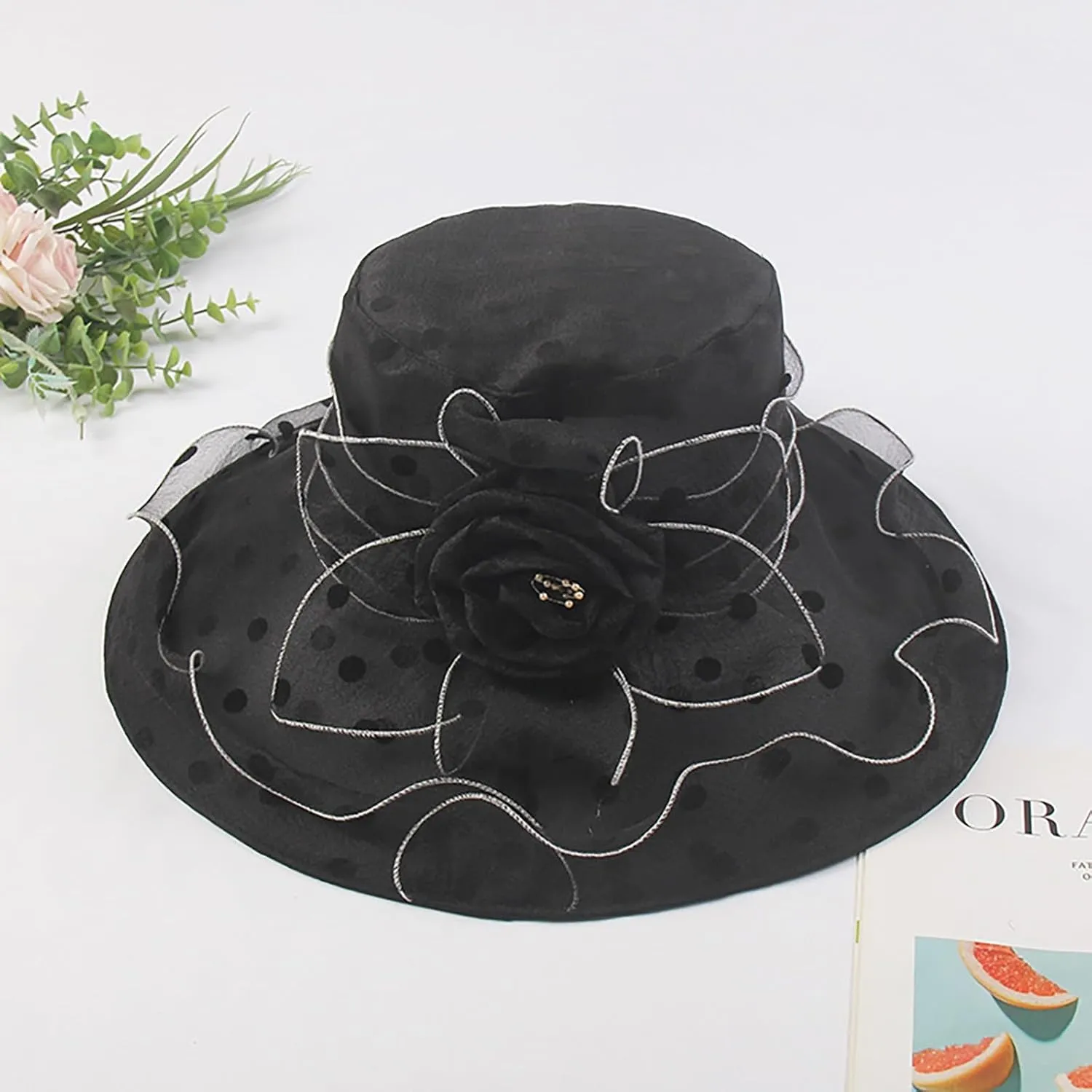 YOLAI Church Dress Hat for Women Black Fascinators Bridal Tea Party Wedding Hat Wide Brim