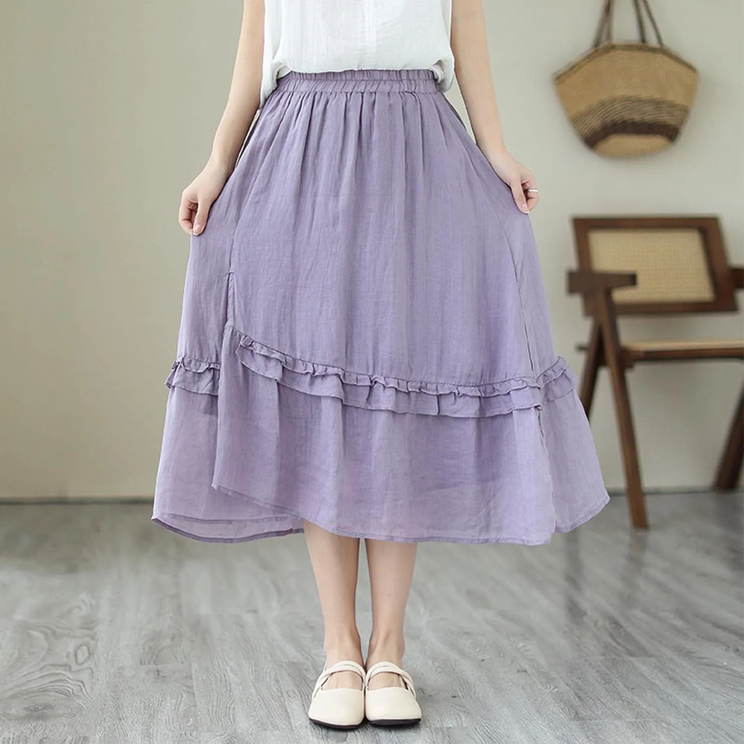 YOLAI Women Cotton Linen Half Skirt Elastic Waist A Line Skirt Irregular Hem Bohemian Beach Dress