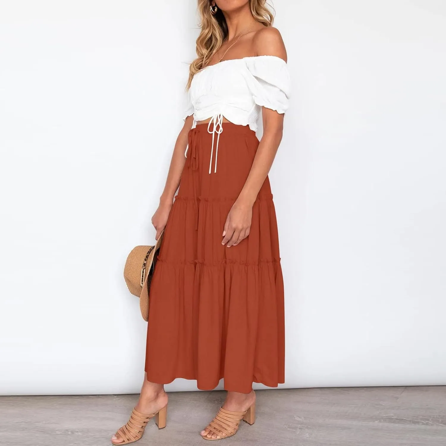 YOLAI Women Cotton Linen Half Skirt Elastic Waist A Line Skirt Irregular Hem Bohemian Beach Dress