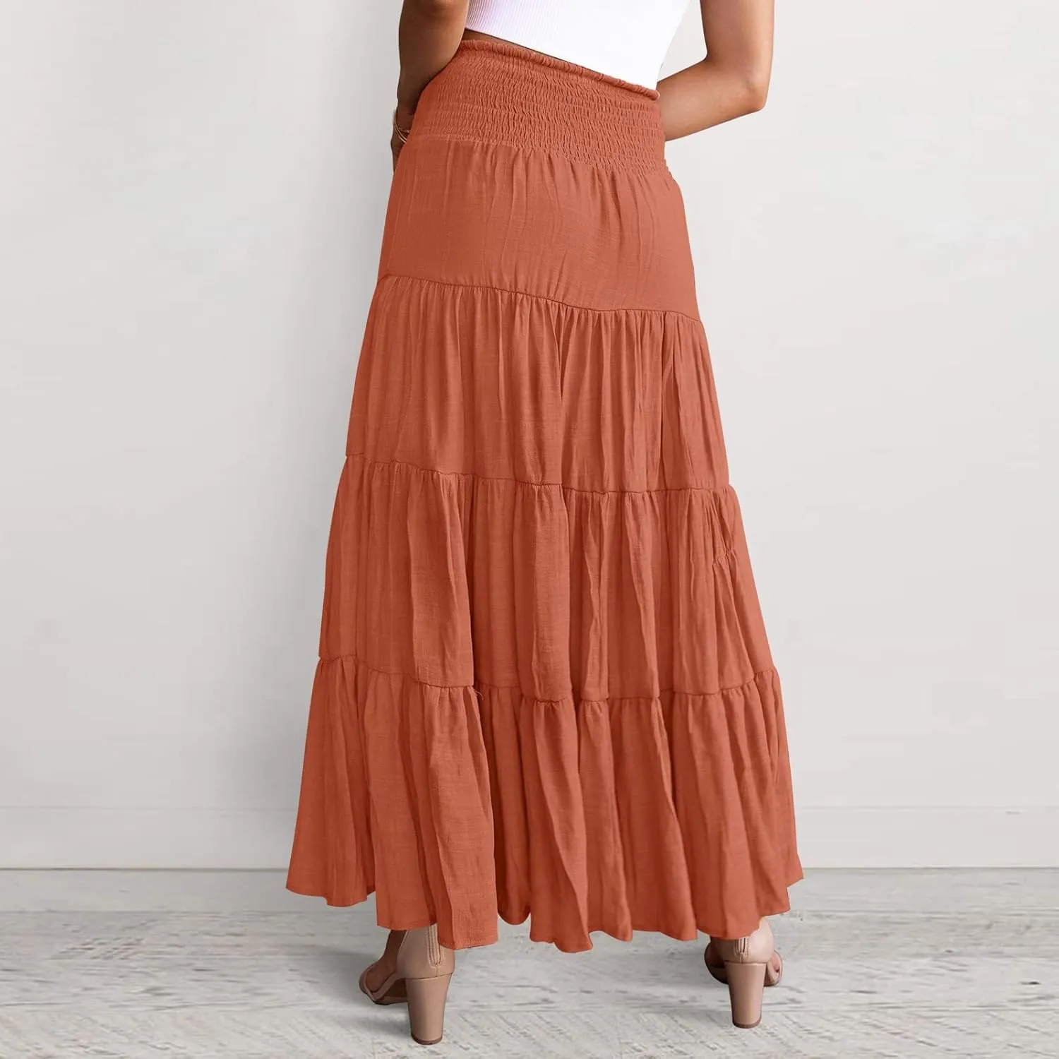 YOLAI Women Cotton Linen Half Skirt Elastic Waist A Line Skirt Irregular Hem Bohemian Beach Dress