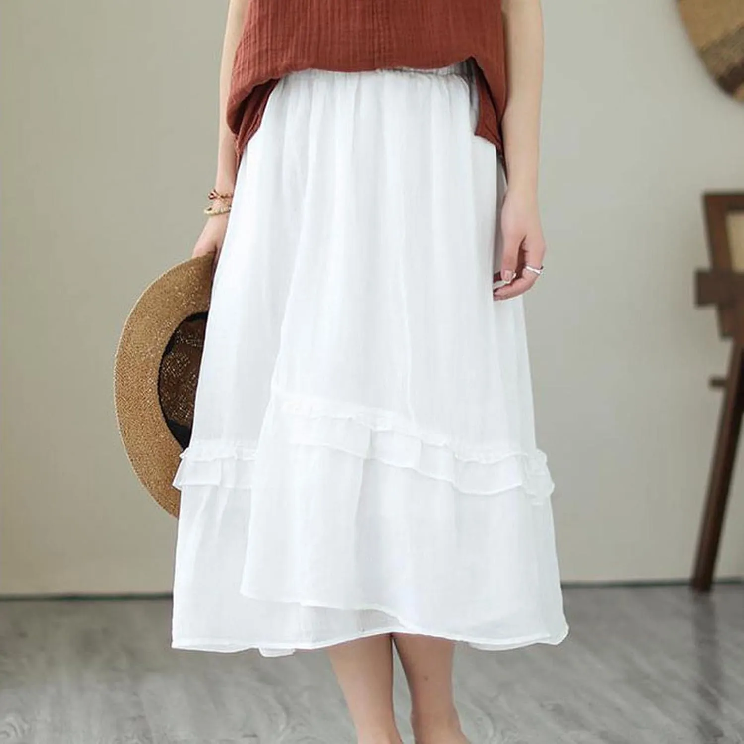 YOLAI Women Cotton Linen Half Skirt Elastic Waist A Line Skirt Irregular Hem Bohemian Beach Dress