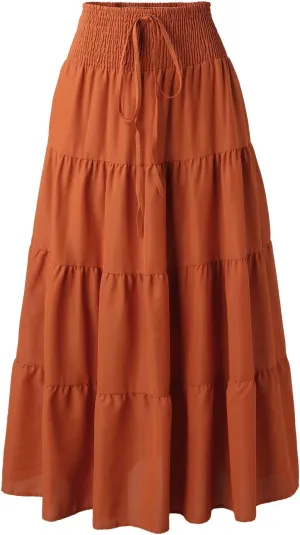 YOLAI Women Cotton Linen Half Skirt Elastic Waist A Line Skirt Irregular Hem Bohemian Beach Dress