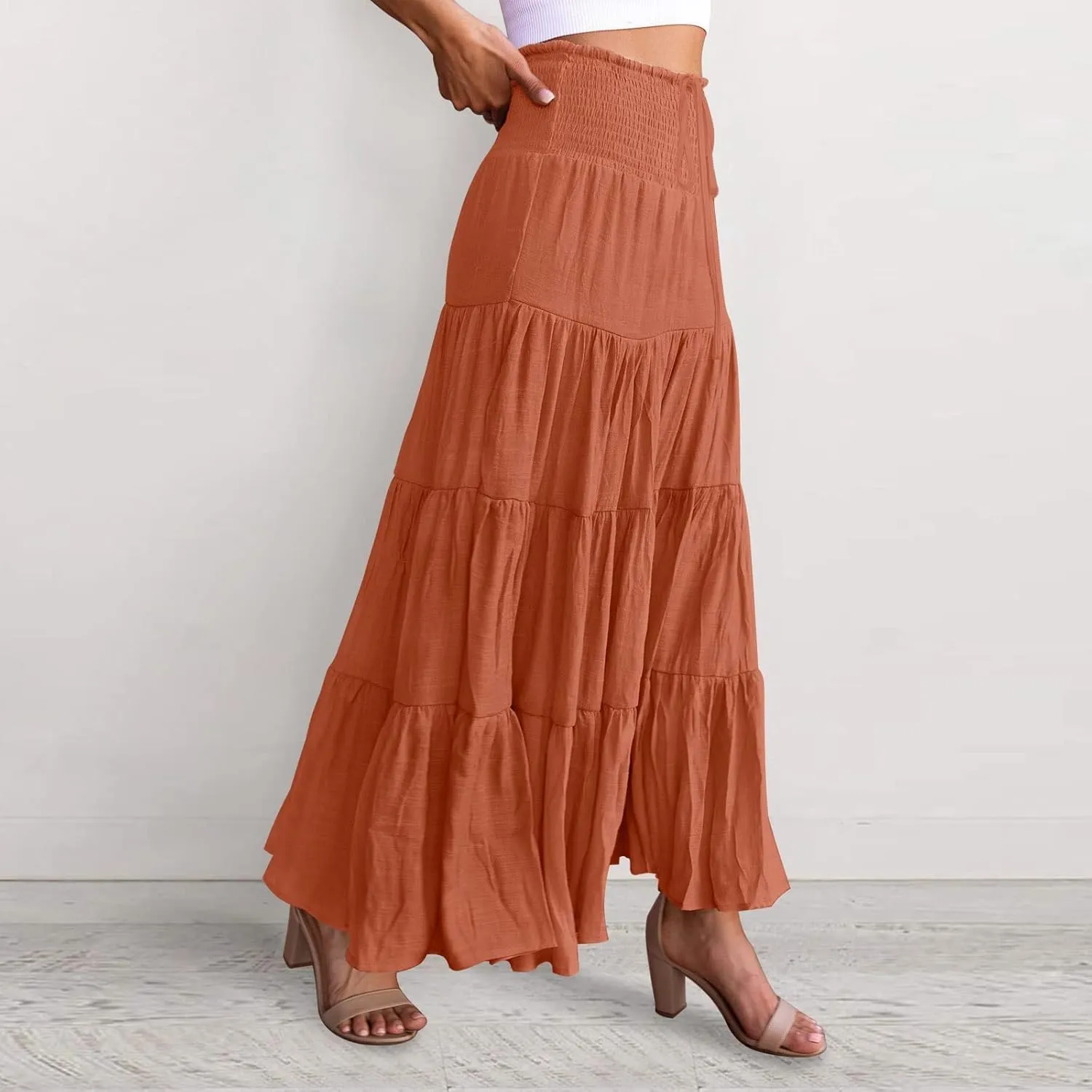 YOLAI Women Cotton Linen Half Skirt Elastic Waist A Line Skirt Irregular Hem Bohemian Beach Dress