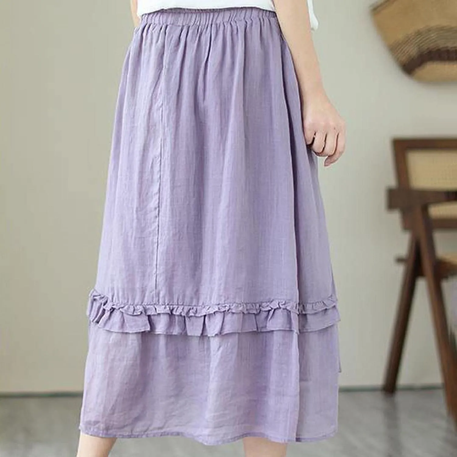 YOLAI Women Cotton Linen Half Skirt Elastic Waist A Line Skirt Irregular Hem Bohemian Beach Dress