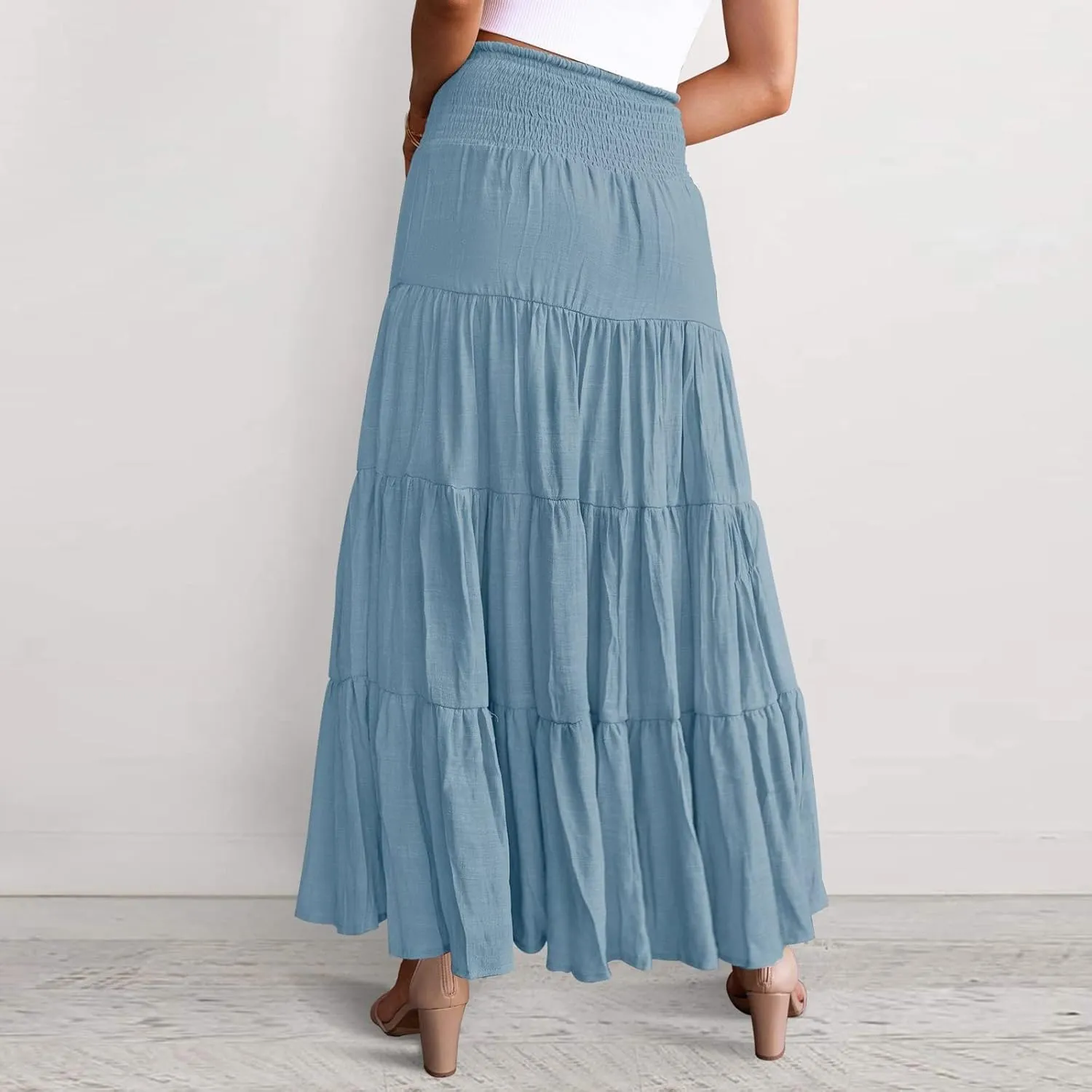 YOLAI Women Cotton Linen Half Skirt Elastic Waist A Line Skirt Irregular Hem Bohemian Beach Dress