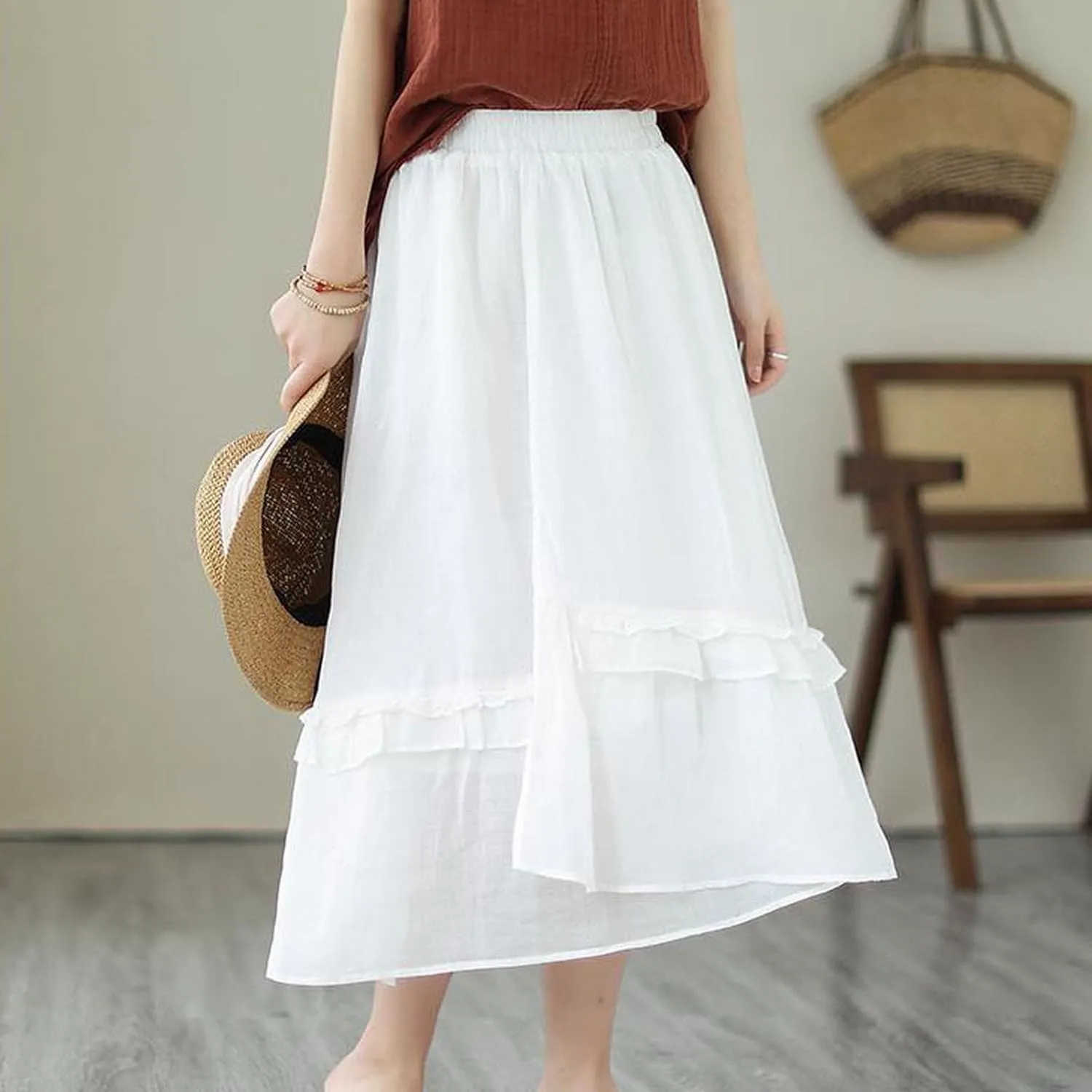 YOLAI Women Cotton Linen Half Skirt Elastic Waist A Line Skirt Irregular Hem Bohemian Beach Dress