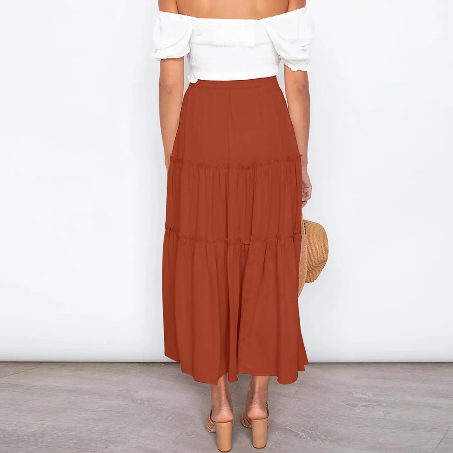 YOLAI Women Cotton Linen Half Skirt Elastic Waist A Line Skirt Irregular Hem Bohemian Beach Dress