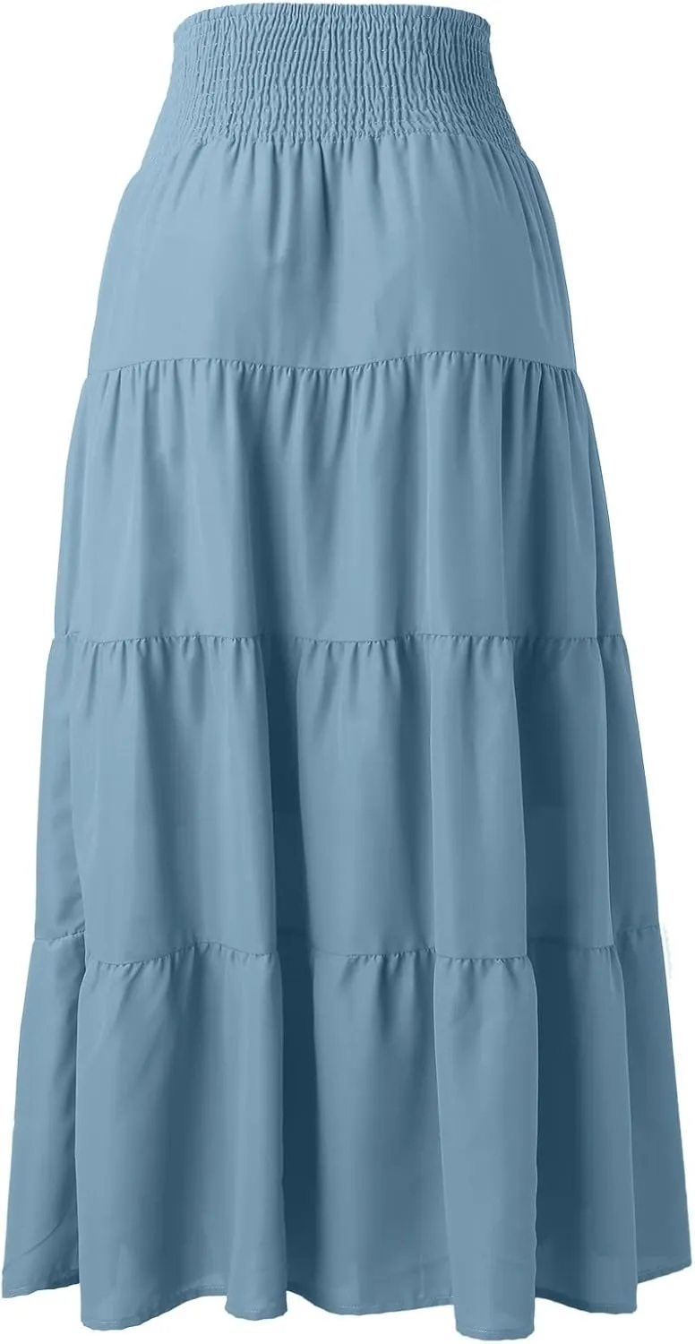 YOLAI Women Cotton Linen Half Skirt Elastic Waist A Line Skirt Irregular Hem Bohemian Beach Dress