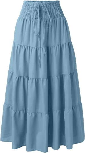 YOLAI Women Cotton Linen Half Skirt Elastic Waist A Line Skirt Irregular Hem Bohemian Beach Dress