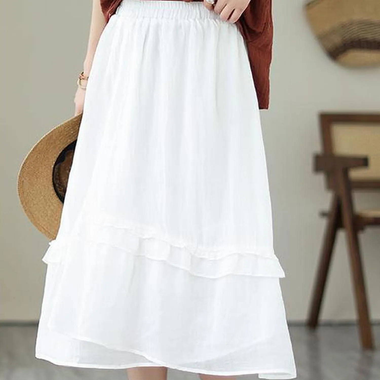YOLAI Women Cotton Linen Half Skirt Elastic Waist A Line Skirt Irregular Hem Bohemian Beach Dress