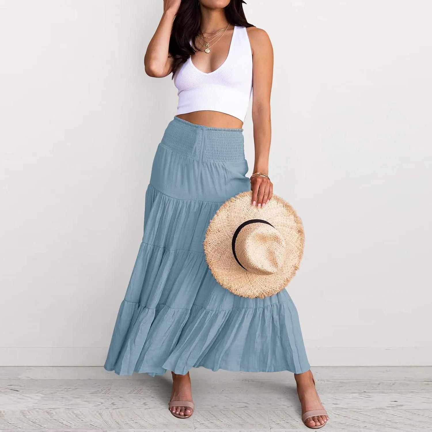 YOLAI Women Cotton Linen Half Skirt Elastic Waist A Line Skirt Irregular Hem Bohemian Beach Dress
