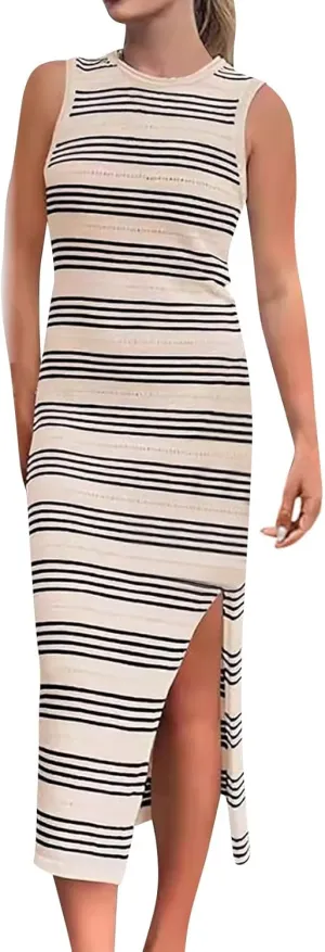 ZYXTIM Women Knit Casual Maxi Dress Side Slit Stripe Sleeveless Sundress 2024 Casual Bodycon Maxi Dresses Summer Beach Dress