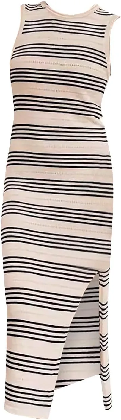 ZYXTIM Women Knit Casual Maxi Dress Side Slit Stripe Sleeveless Sundress 2024 Casual Bodycon Maxi Dresses Summer Beach Dress