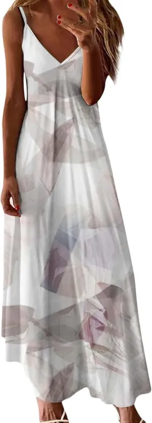 ZYXTIM Women's Summer Casual Sleeveless Beach Dress V Neck Printed Casual Loose Long Maxi Dress Holiday Flowy Swing Dress