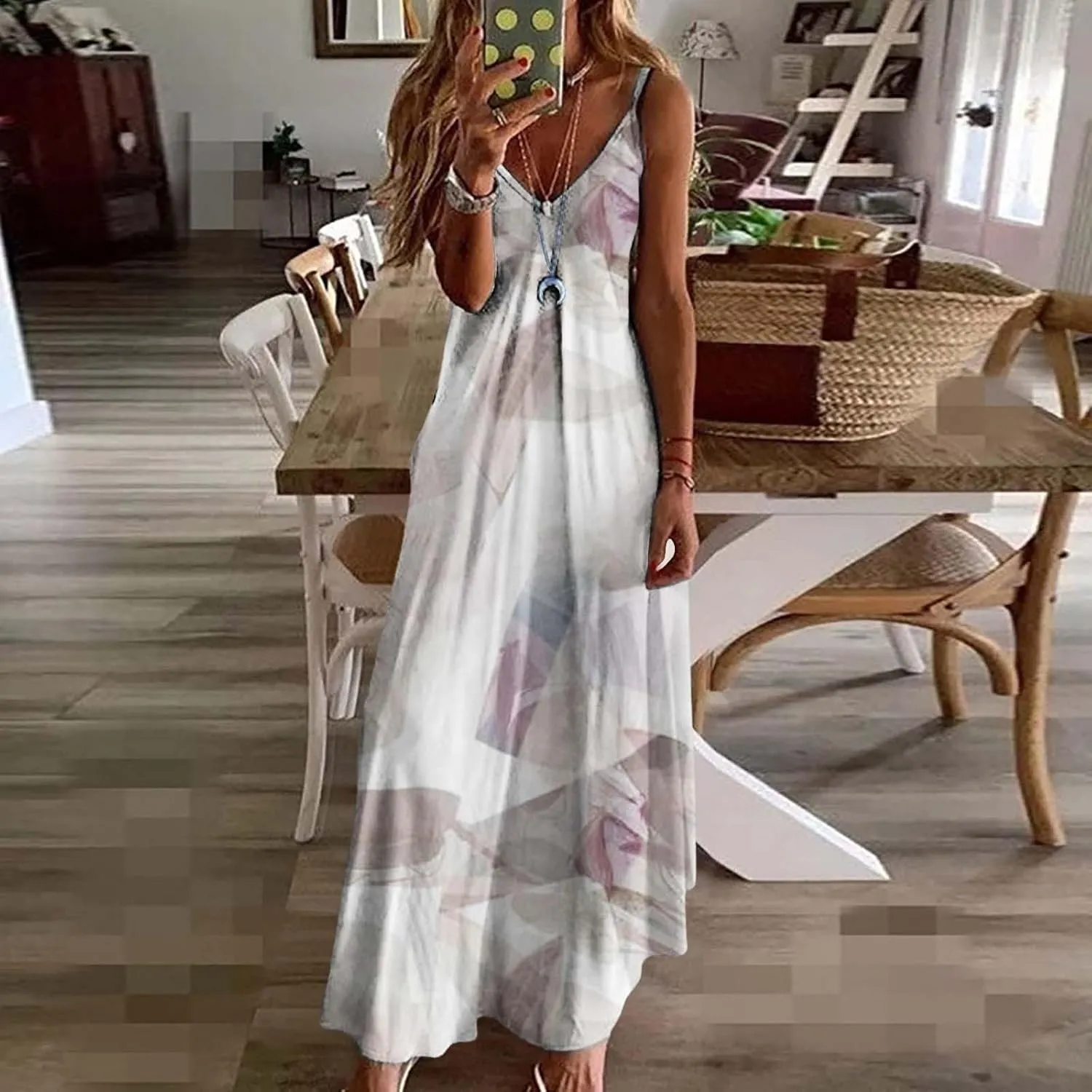 ZYXTIM Women's Summer Casual Sleeveless Beach Dress V Neck Printed Casual Loose Long Maxi Dress Holiday Flowy Swing Dress